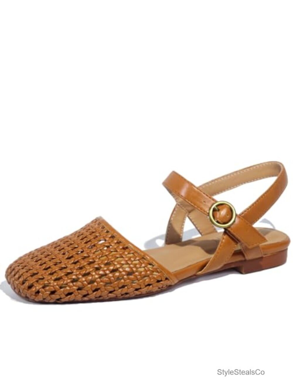 Woven Slingback Flats Square Toe Ankle Strap Faux Leather